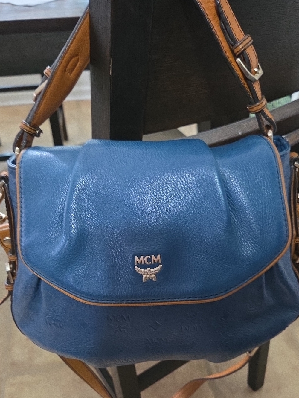 MCM Blue Leather Shoulder Bag with Tan Trim